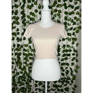 American Eagle Outfitters Tan Ruffle Short Sleeve Knit Crop Top Size XS